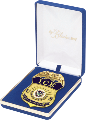 Presentation case ICE/HSI 20th Anniversary Badge with Wallet Clip fastener.