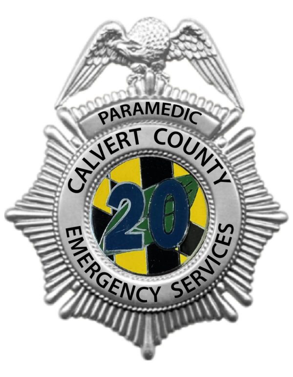 SHIRT BADGE, FINISH, RANK / CALVERT COUNTY / (SEAL) / EMERGENCY SERVICES